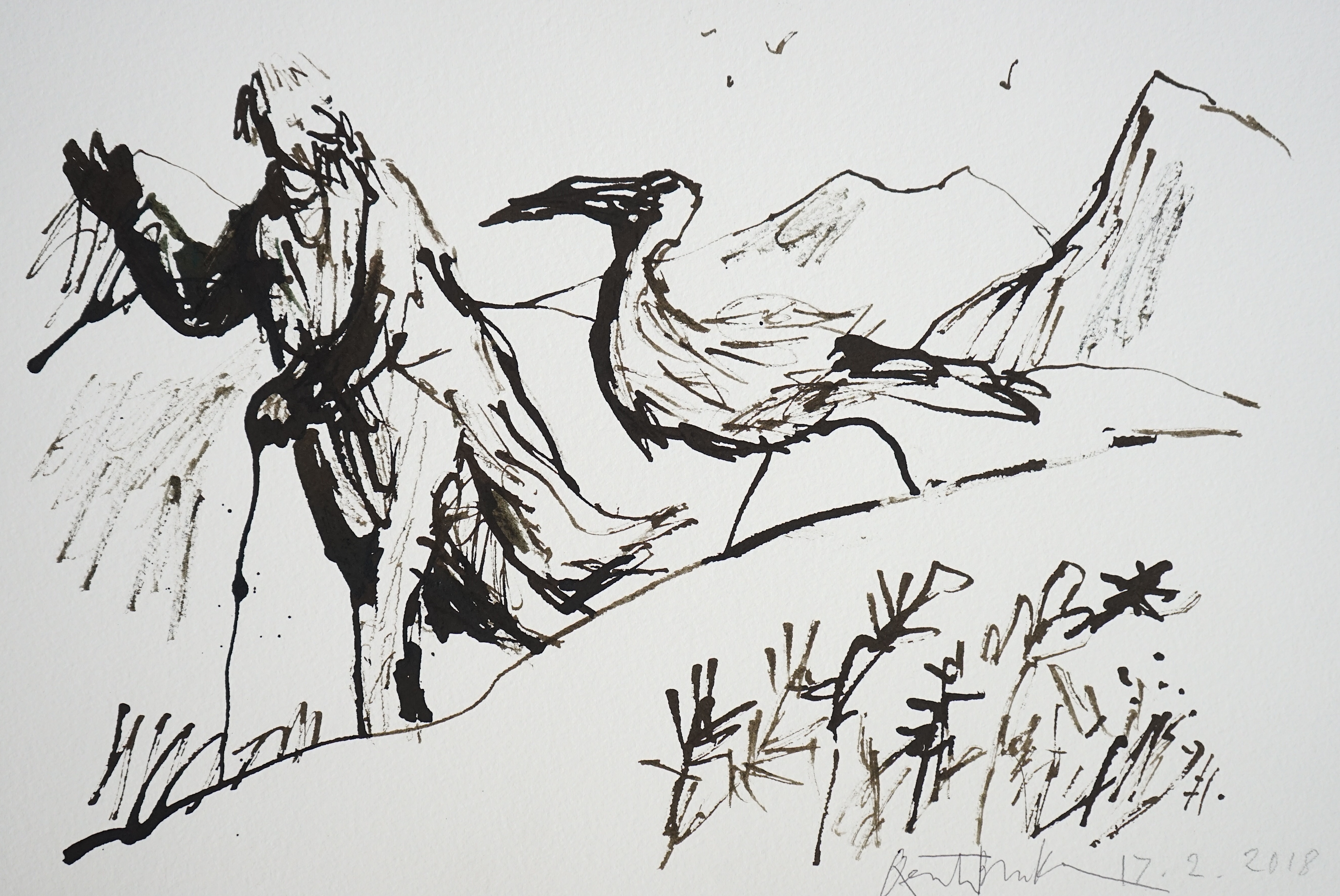 Sir Quentin Saxby Blake OBE (British, b.1932), 'Walking with the birds #6', ink on paper, 26.5 x 39cm